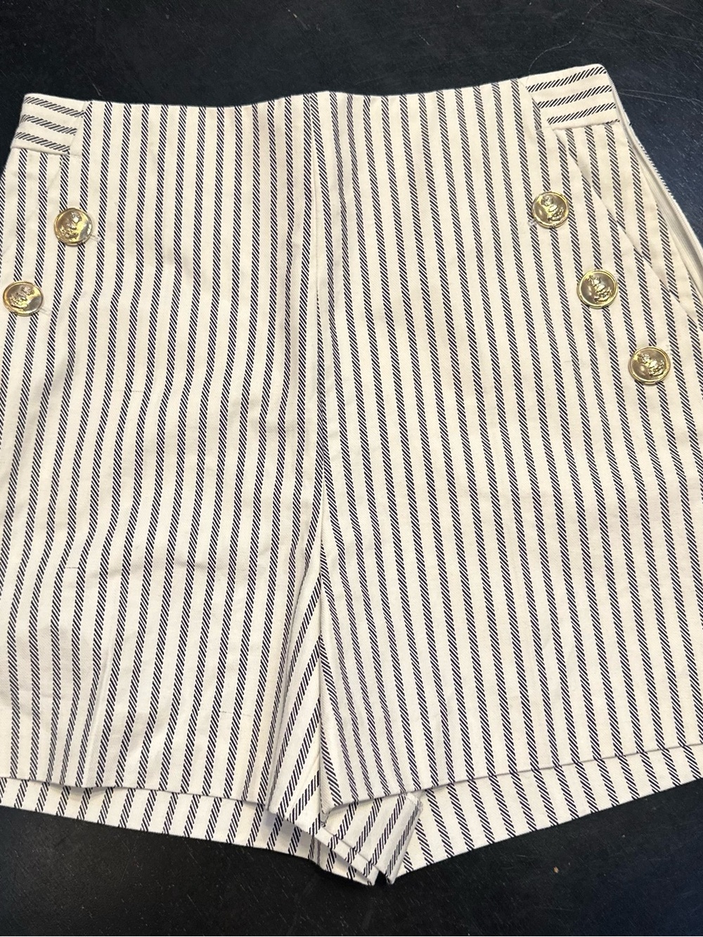 Zara White & Gray Striped High-Waist Shorts with Gold Buttons
